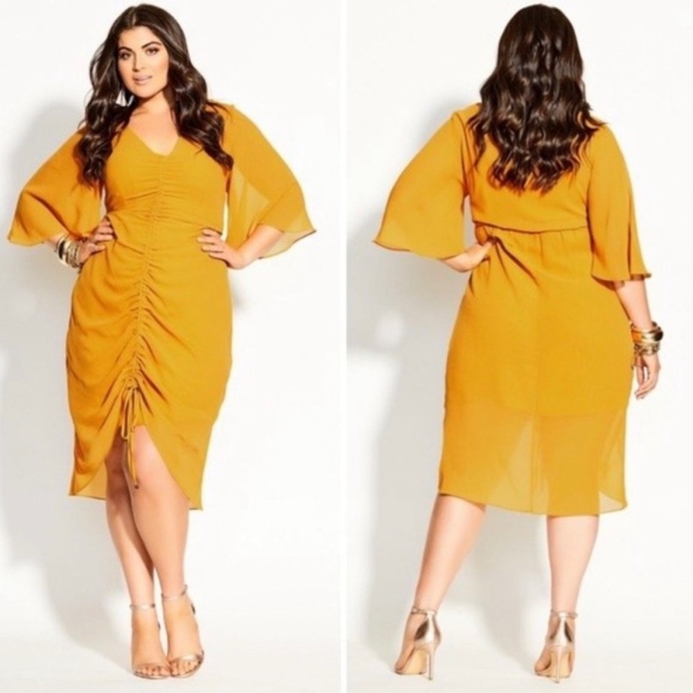 NWT City Chic Drawn Up Honey Ruched Flutter Sleeve Cocktail Midi Dress, Size 16
